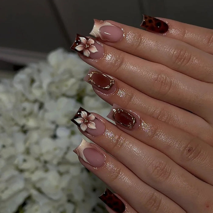 Wine Tortoiseshell French Tip Press On Nails With 3D Pink Flowers