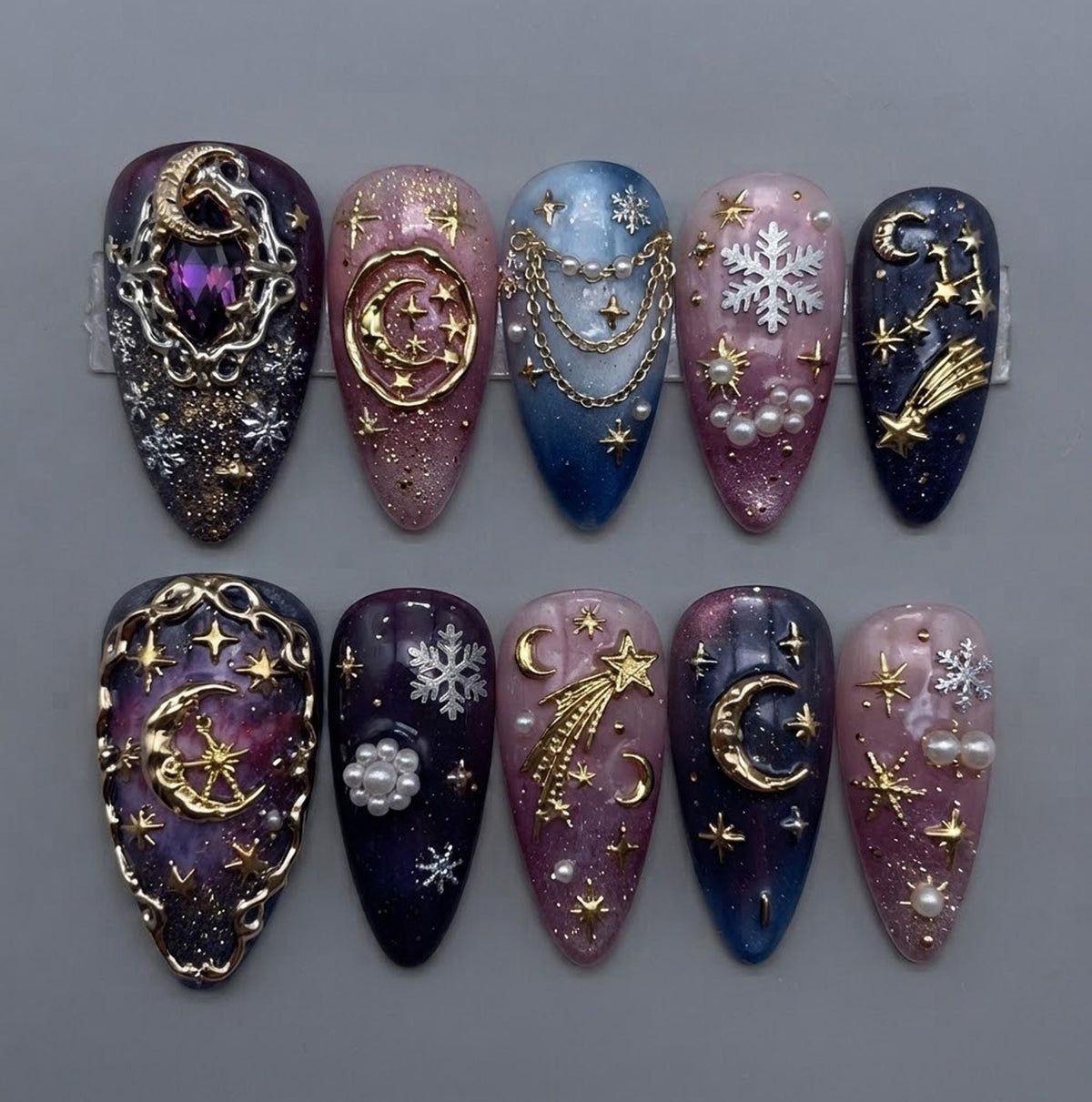 Winter Celestial Press On Nails With 3D Gold Moons, Stars, Snowflakes & Pearl Details