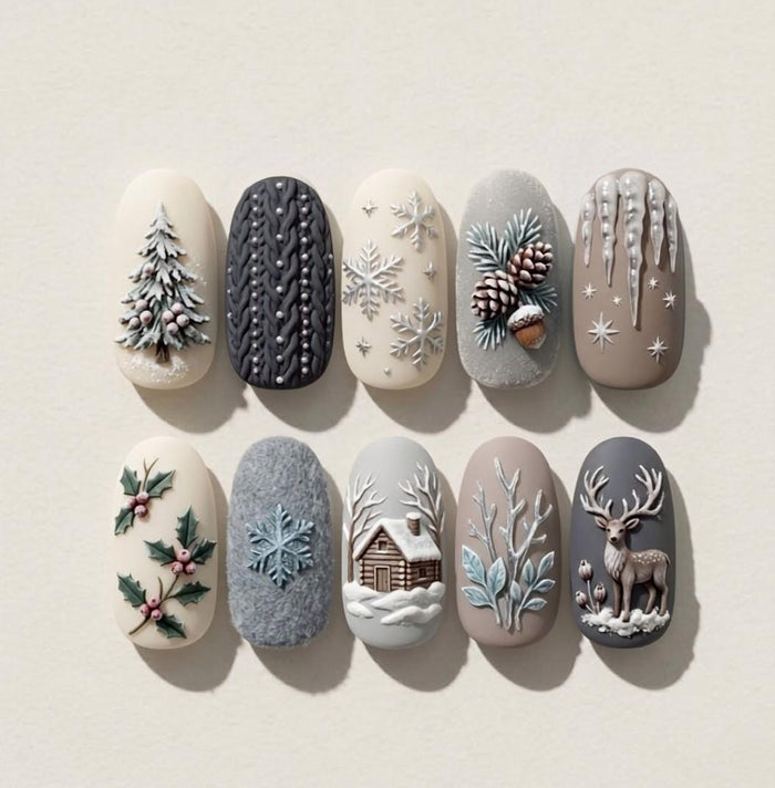 Winter Deer, Snow Cabin, Pinecone & Knit Sweater Press On Nail Set