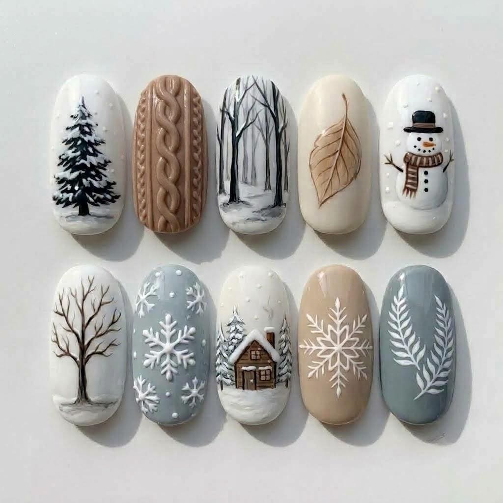 Winter Forest Press-On Nails with Snowman, Cabin, and Raised Cable-Knit Details
