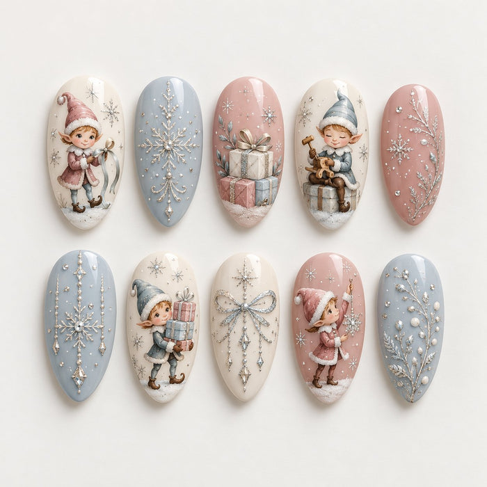 Winter Toymaker Elf Press On Nails in Dusty Rose, Pale Blue and Ivory