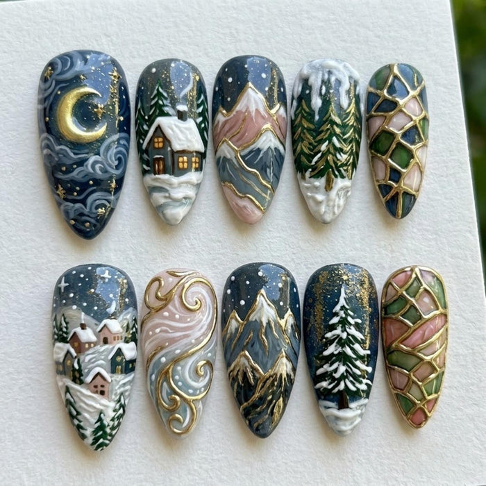 Winter Wonderland Press On Nails With Moonlit Village, Snowy Peaks and Stained Glass Accents