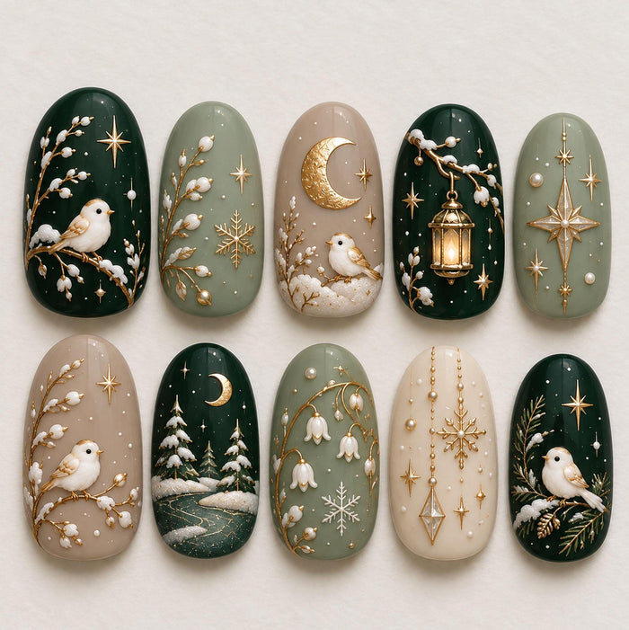 Winter Woodland Press-On Nail Set With Birds, Gold Celestial Details, and Snowflakes