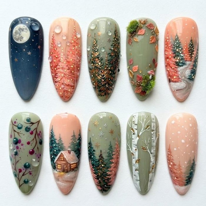 Winter Woodland Press On Nails with Full Moon, Evergreen Trees and Cozy Cabin