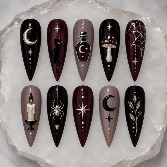 Witchy Black, Burgundy & Taupe Celestial Mushroom Press-On Nail Set