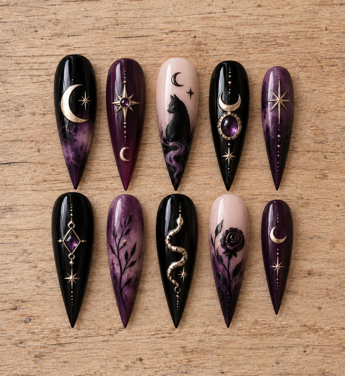 Witchy Black Cat and Celestial Press On Nails with Purple Gems