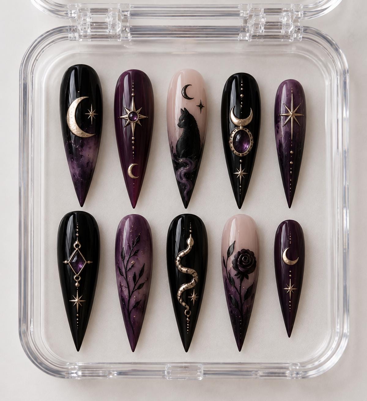Witchy Black Cat and Celestial Nails with Purple Gems