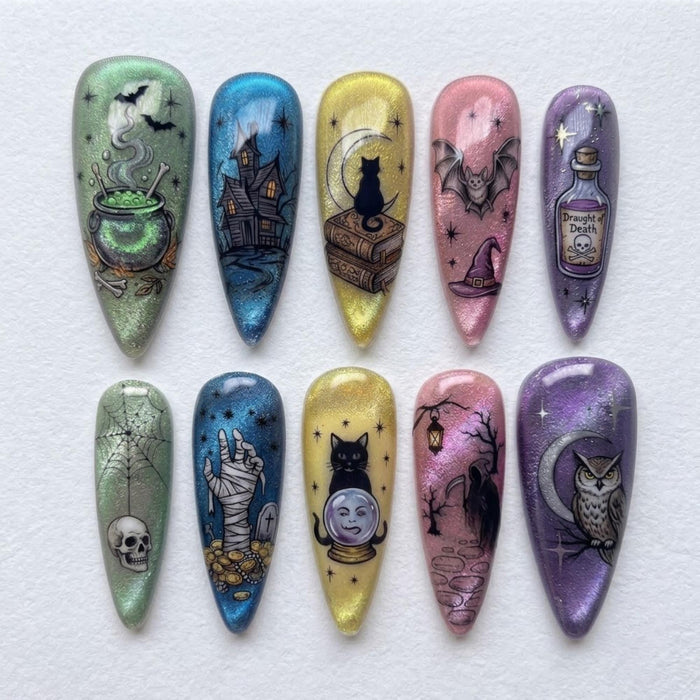 Witchy Halloween Press On Nail Set with Haunted Houses, Bats, Skulls and Shimmery Color