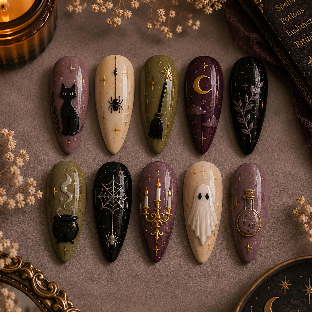 Witchy Halloween Press On Nails With Black Cat, Moon, Spiderwebs and Gold Stars