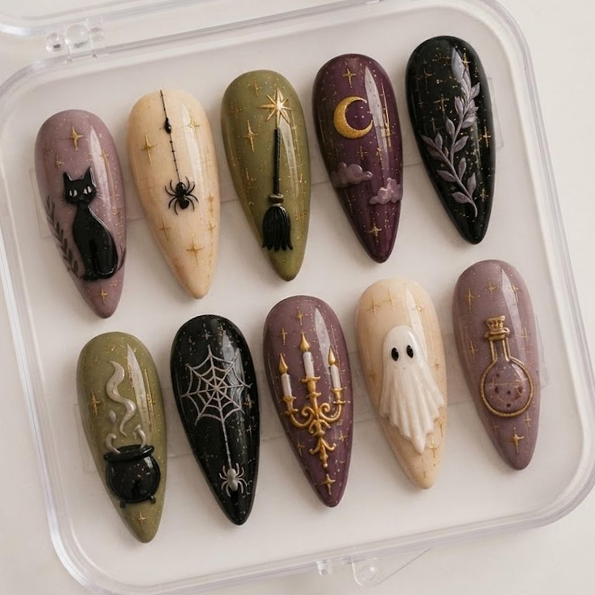Witchy Halloween Press On Nails With Black Cat, Moon, Spiderwebs and Gold Stars
