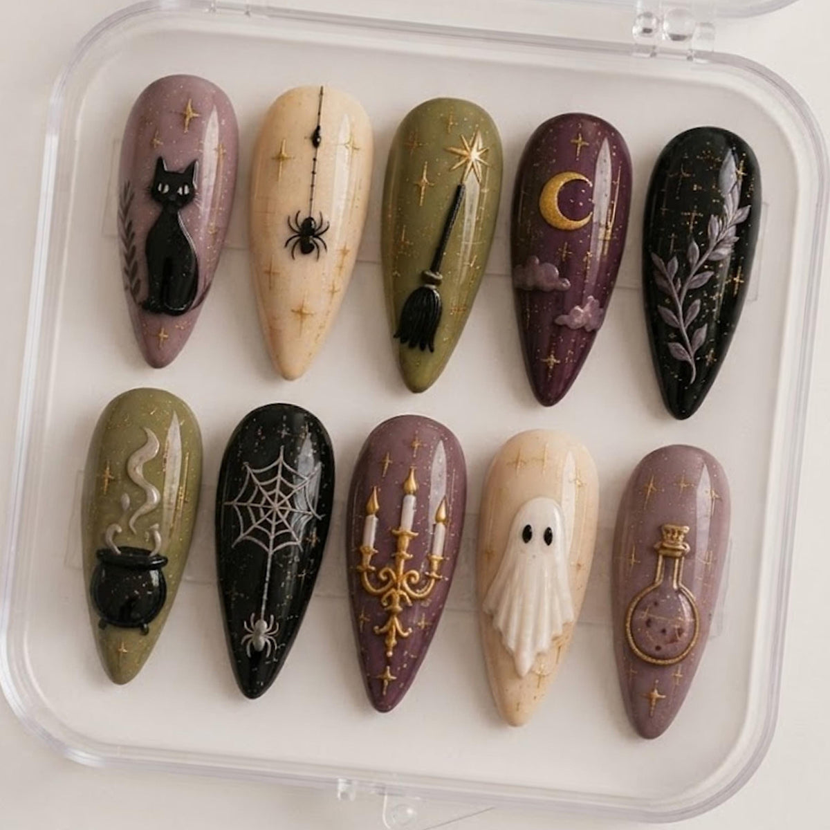 Witchy Halloween Press On Nails With Black Cat, Moon, Spiderwebs and Gold Stars