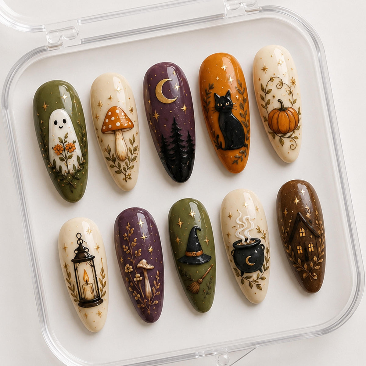 Witchy Woodland Halloween Press On Nails With Ghosts, Mushrooms and Autumn Art