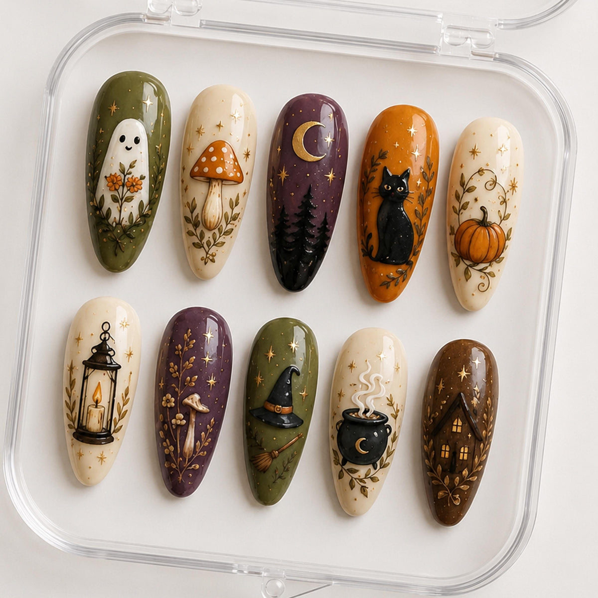 Witchy Woodland Halloween Press On Nails With Ghosts, Mushrooms and Autumn Art