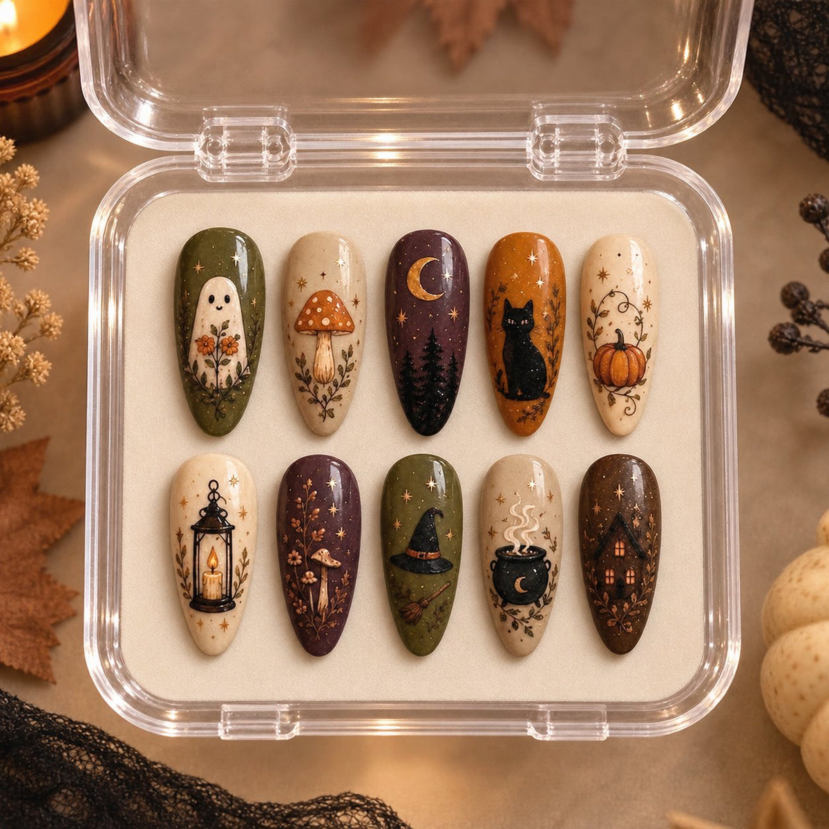 Witchy Woodland Halloween Press On Nails With Ghosts, Mushrooms and Autumn Art in clear acrylic storage box