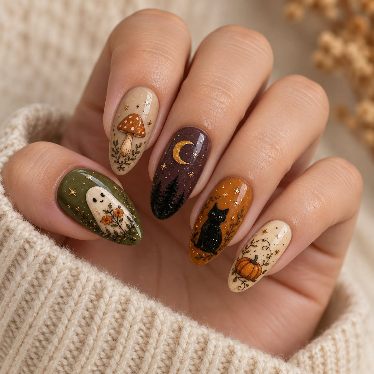 Witchy Woodland Halloween Press On Nails With Ghosts, Mushrooms and Autumn Art worn on hand