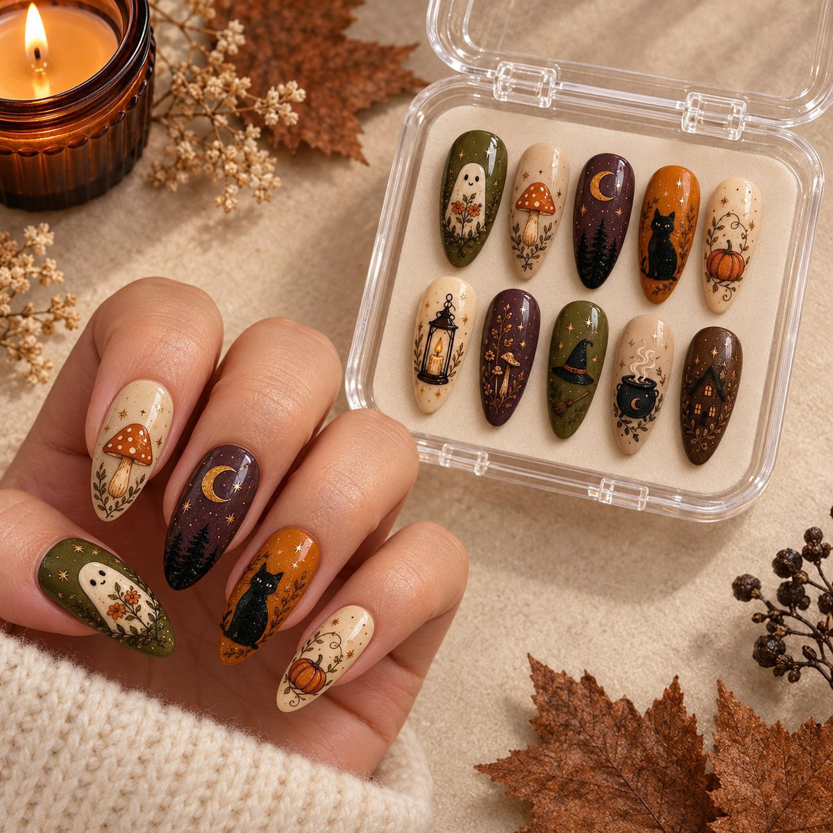 Witchy Woodland Halloween Press On Nails With Ghosts, Mushrooms and Autumn Art worn on hand with acrylic storage box