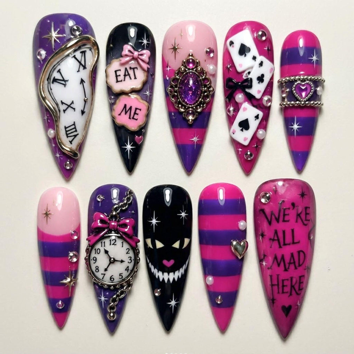 Wonderland Press On Nails With Cheshire Cat, Melting Clock, Cards and 3D Charms
