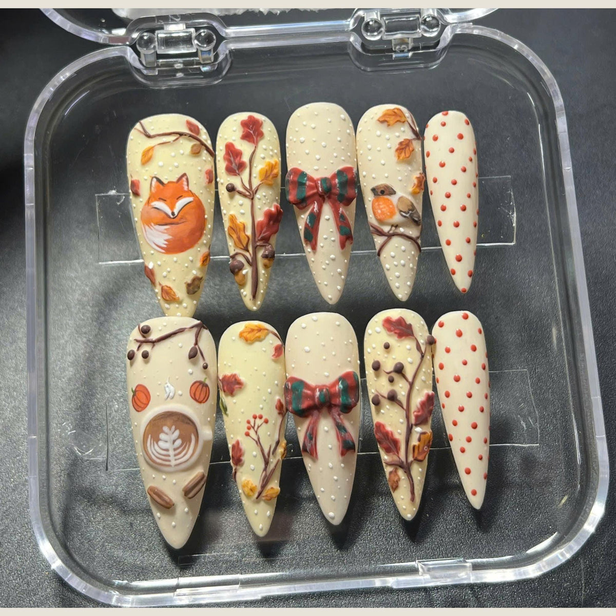 Woodland Autumn Nail Set With Foxes, Birds, Plaid Bows and Polka Dots