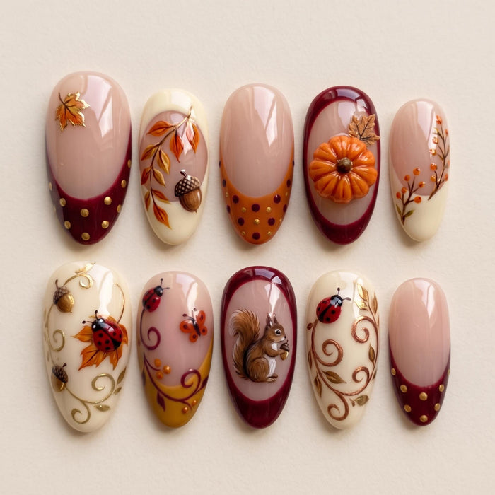 Woodland Autumn Press On Nails with Pumpkin, Squirrel, Acorns and Burgundy Tips