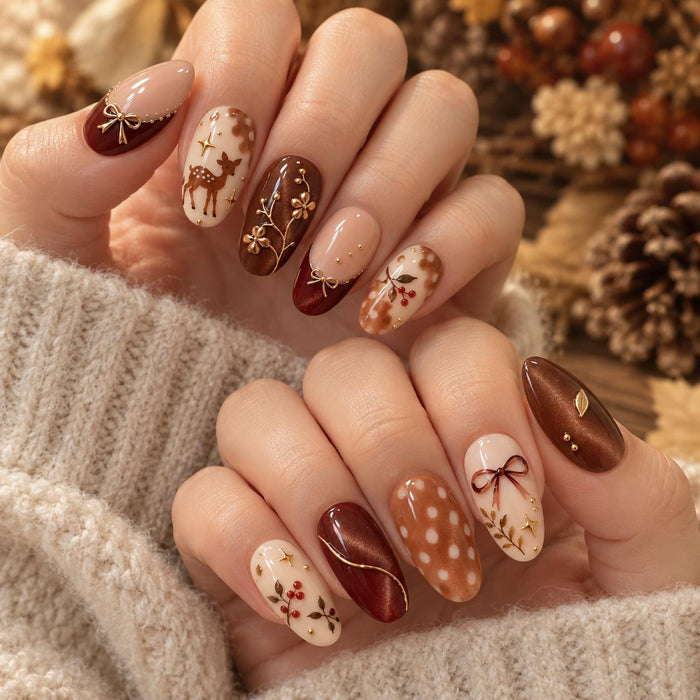 Woodland Autumn Press-On Nails with Deer Spots, Berries, Bows and Gold Details
