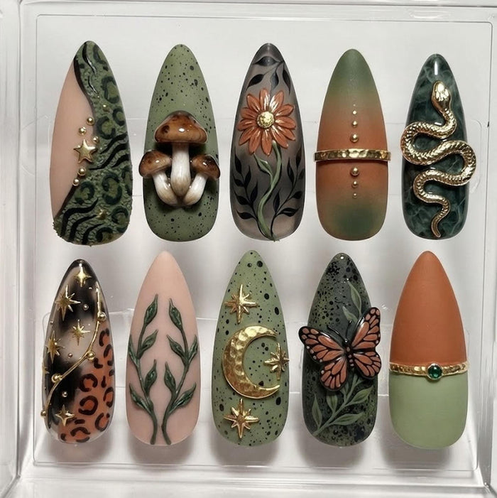 Woodland Fairy Press-On Nails with Mushrooms, Snake, Butterfly, and Celestial Details
