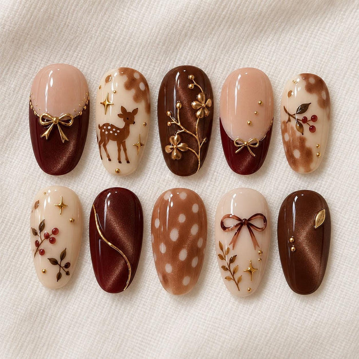 Woodland Fawn Fall Press On Nails With Burgundy French Tips, Bows, and Gold Accents