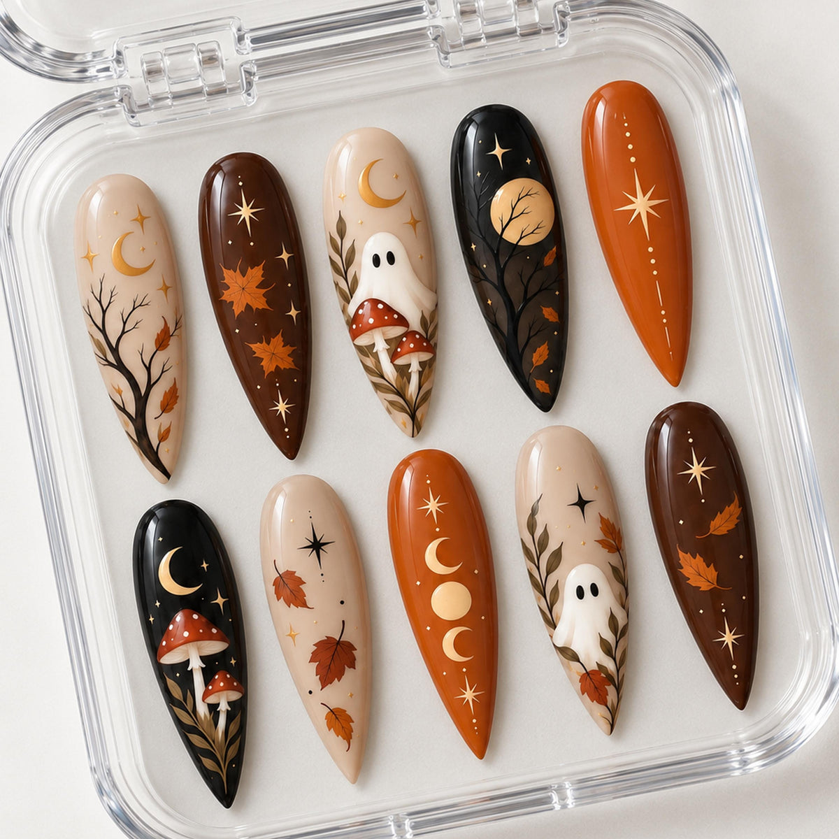Woodland Halloween Press-On Nails With Ghosts, Mushrooms, Moons and Autumn Leaves