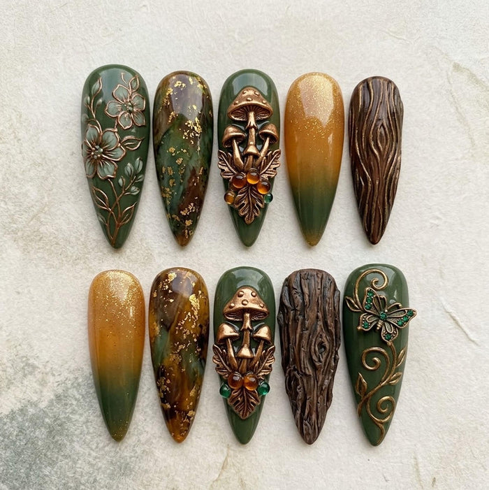 Woodland Mushroom and Botanical Forest Press On Nail Set with 3D Details
