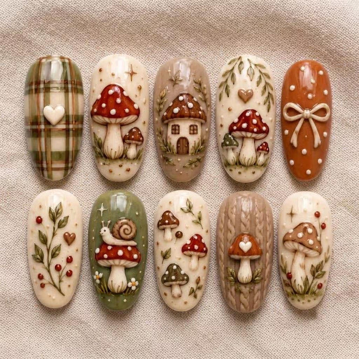 Woodland Mushroom House and Snail Press On Nail Set with Plaid, Berries, and Bows