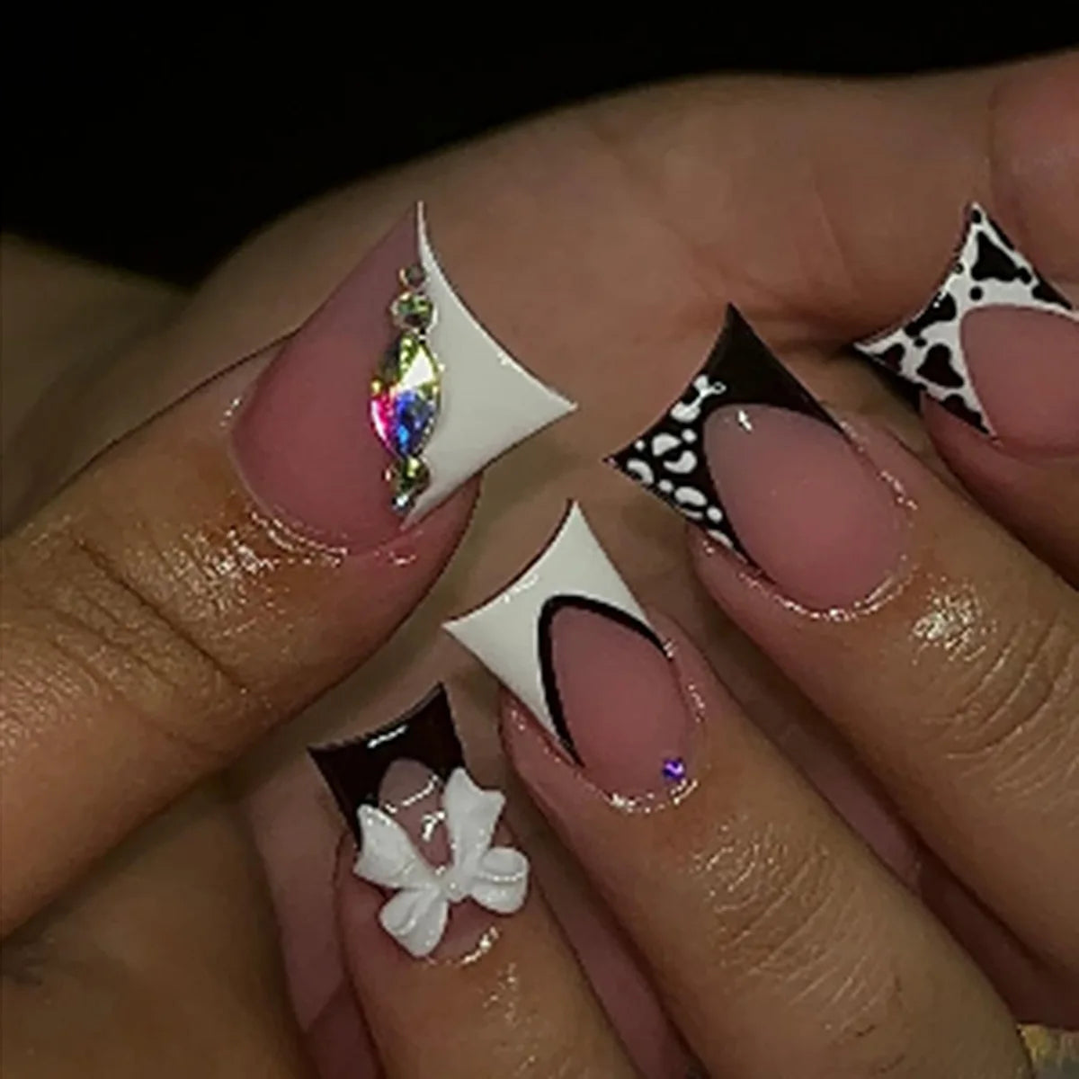Y2K Black and White Spotted French Tip Nails with 3D Bow and Rhinestone Details