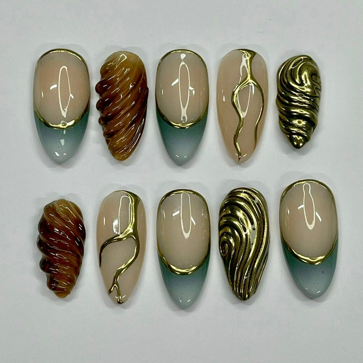 Y2K Blue-Green and Gold Chrome Sculptural Press On Nails