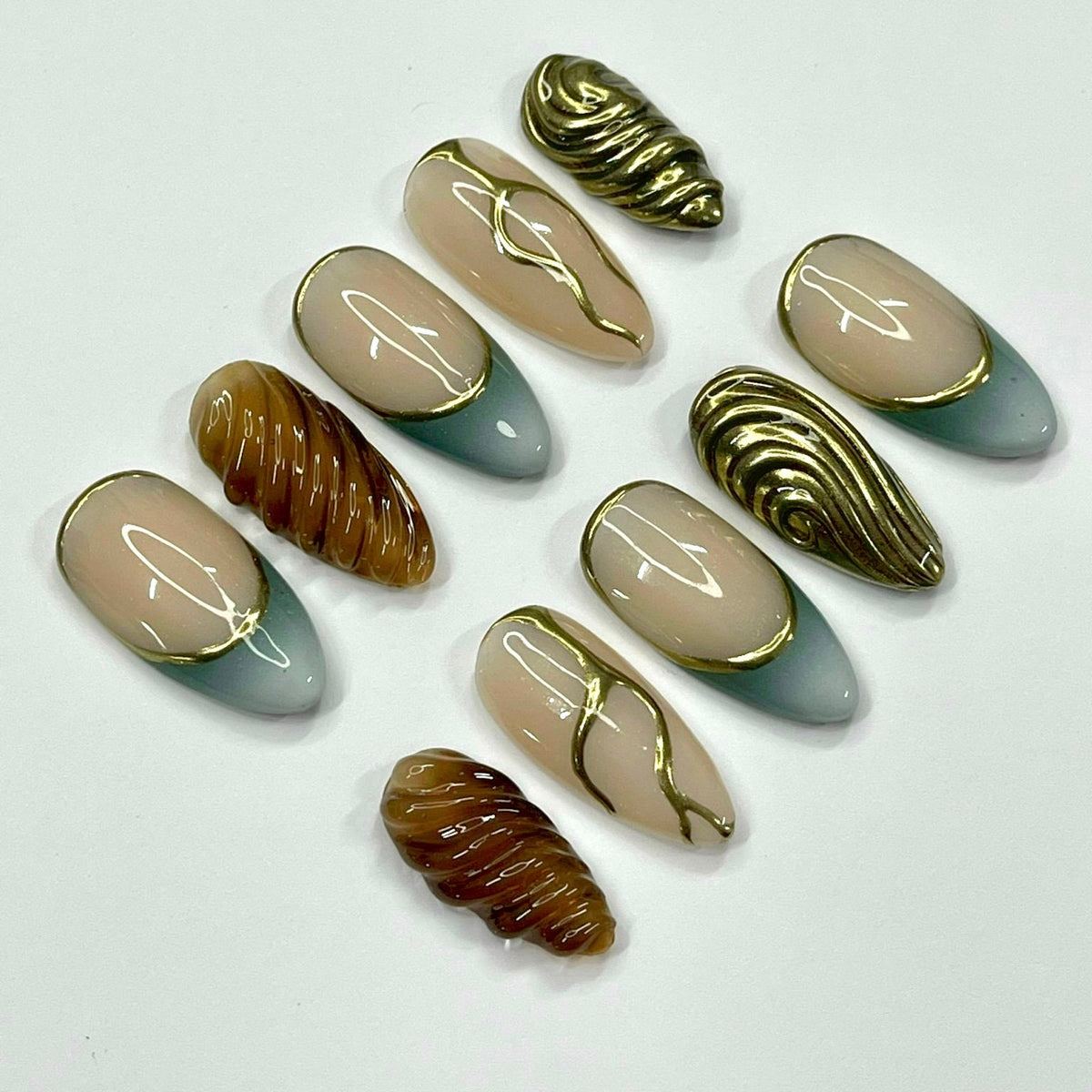 Y2K Blue-Green and Gold Chrome Sculptural Press On Nails