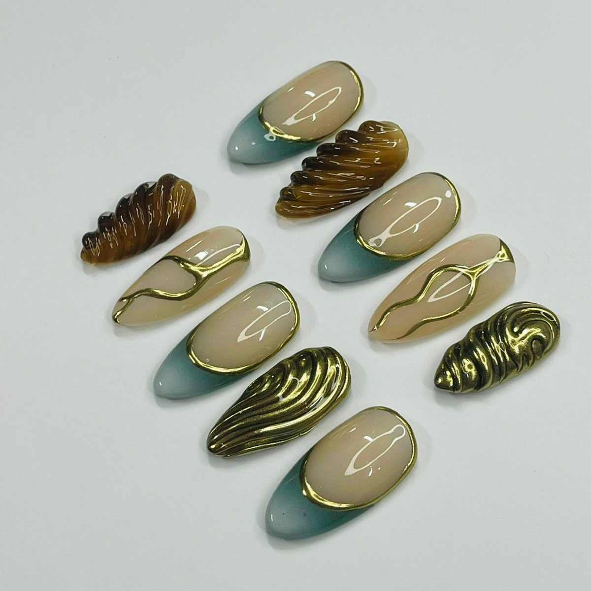 Y2K Blue-Green and Gold Chrome Sculptural Press On Nails