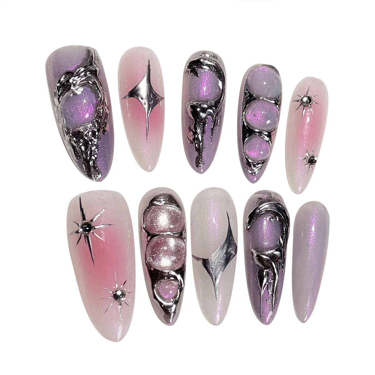 Y2K Blush Pink and Purple Aurora Glitter Nails With Sculpted Silver Details