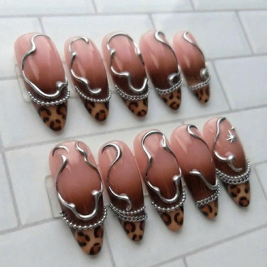Y2K Brown Leopard Print Ombre Press On Nails With Silver Chrome Details