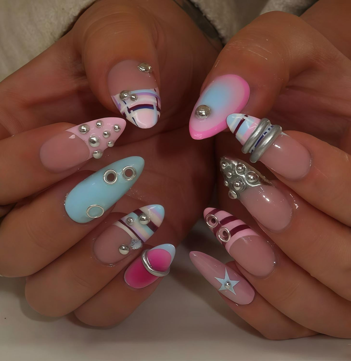 Y2K Candy Pop Nails with Pastel Stripes, Stars and Silver Hardware