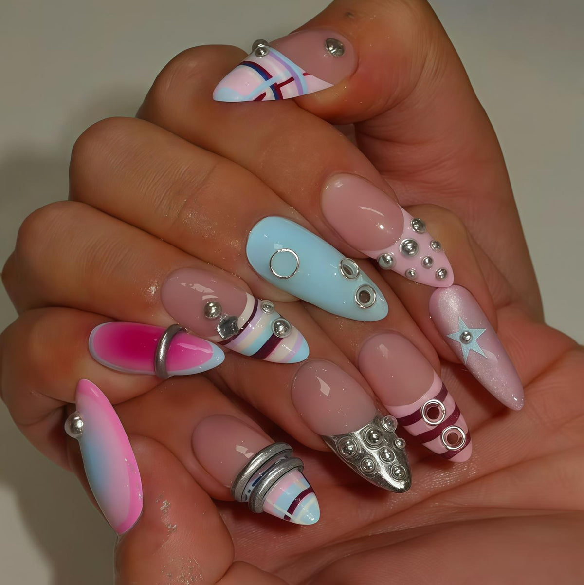 Y2K Candy Pop Nails with Pastel Stripes, Stars and Silver Hardware