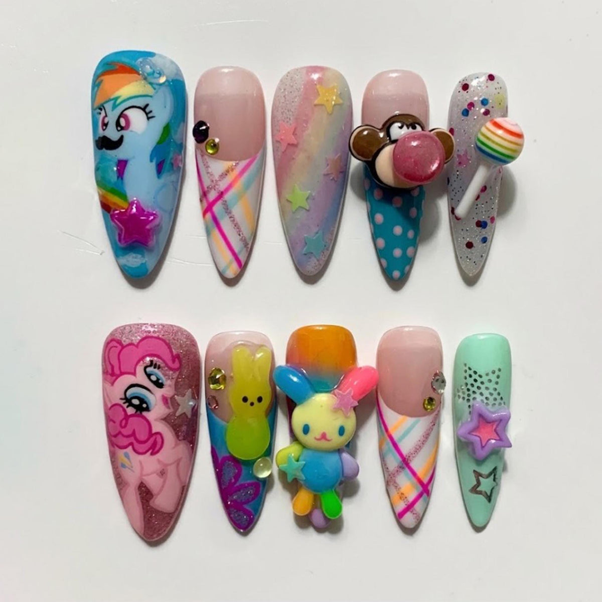 Y2K Cartoon Bunny, Lollipop, Stars and Plaid Press-On Nail Set