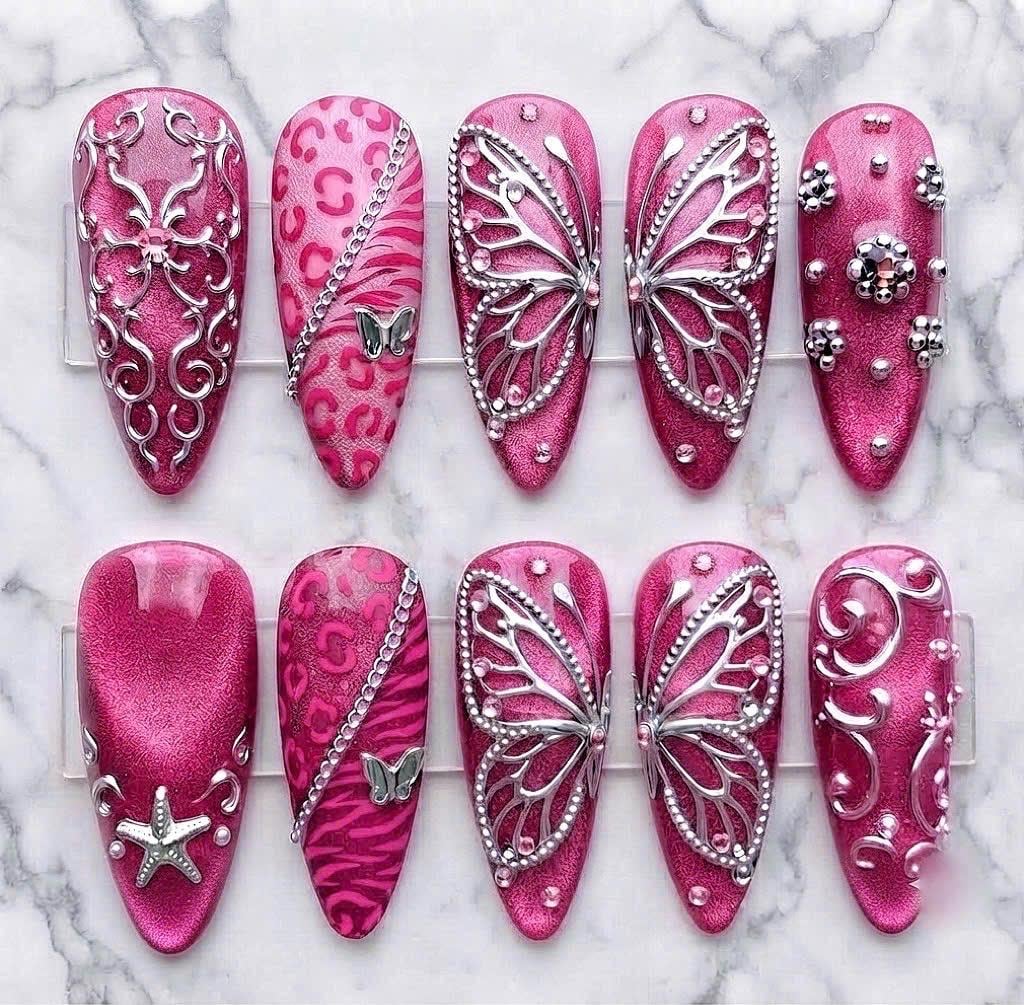 Y2K Cyberpunk Hot Pink Leopard Print Press On Nails with Silver Butterfly Wings and Rhinestones