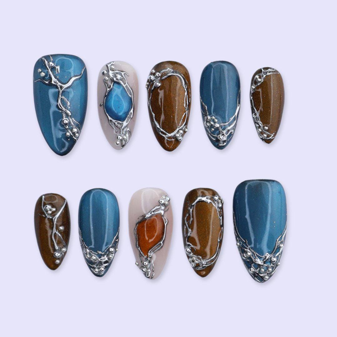 Y2K Deep Teal and Bronze Cat Eye Nails with Silver Chrome Frames