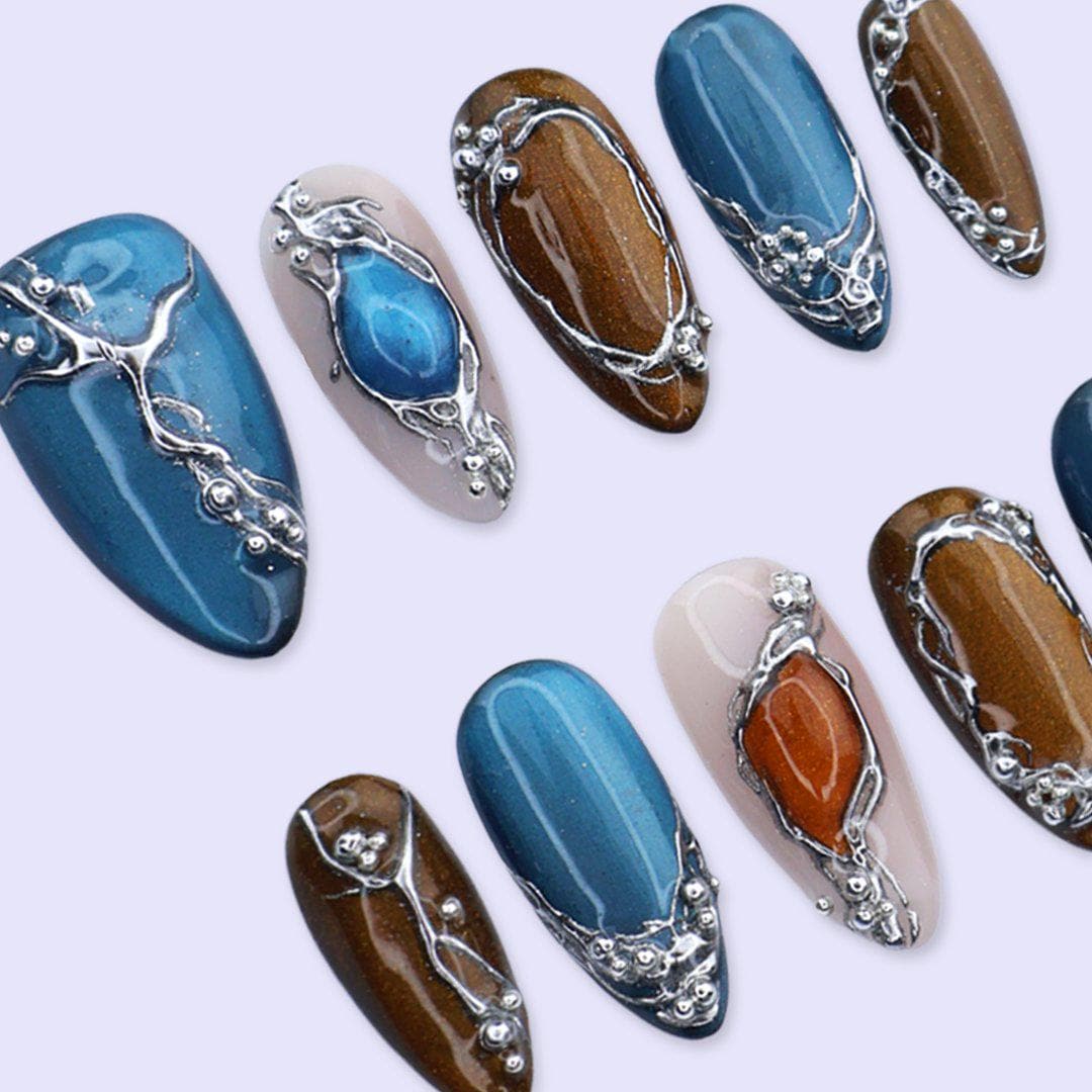 Y2K Deep Teal and Bronze Cat Eye Nails with Silver Chrome Frames