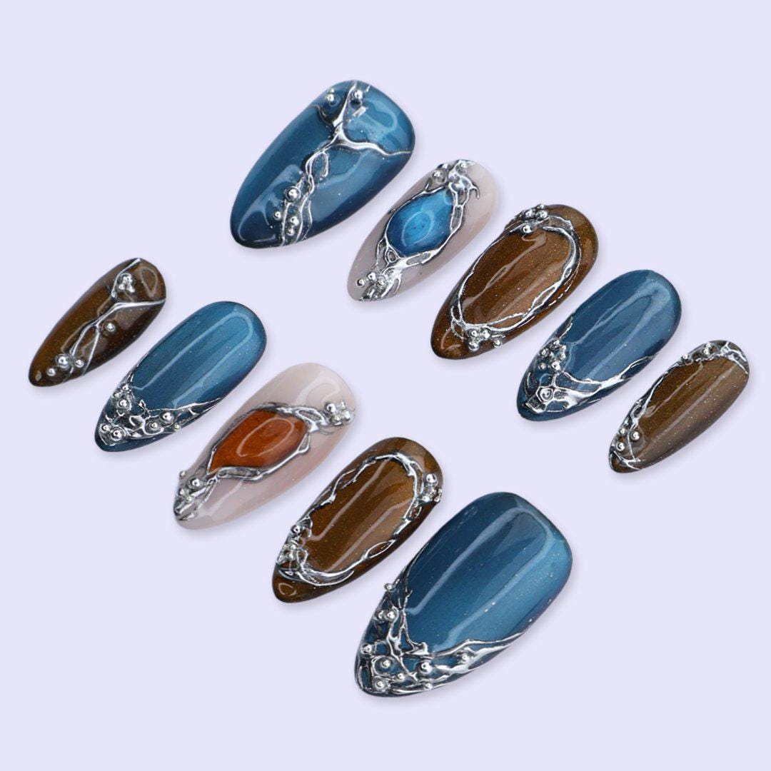 Y2K Deep Teal and Bronze Cat Eye Nails with Silver Chrome Frames