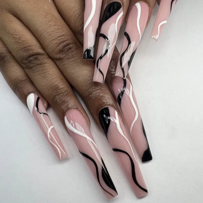 Y2K Glossy Nude Pink Nails With Black and White Curved Line Art