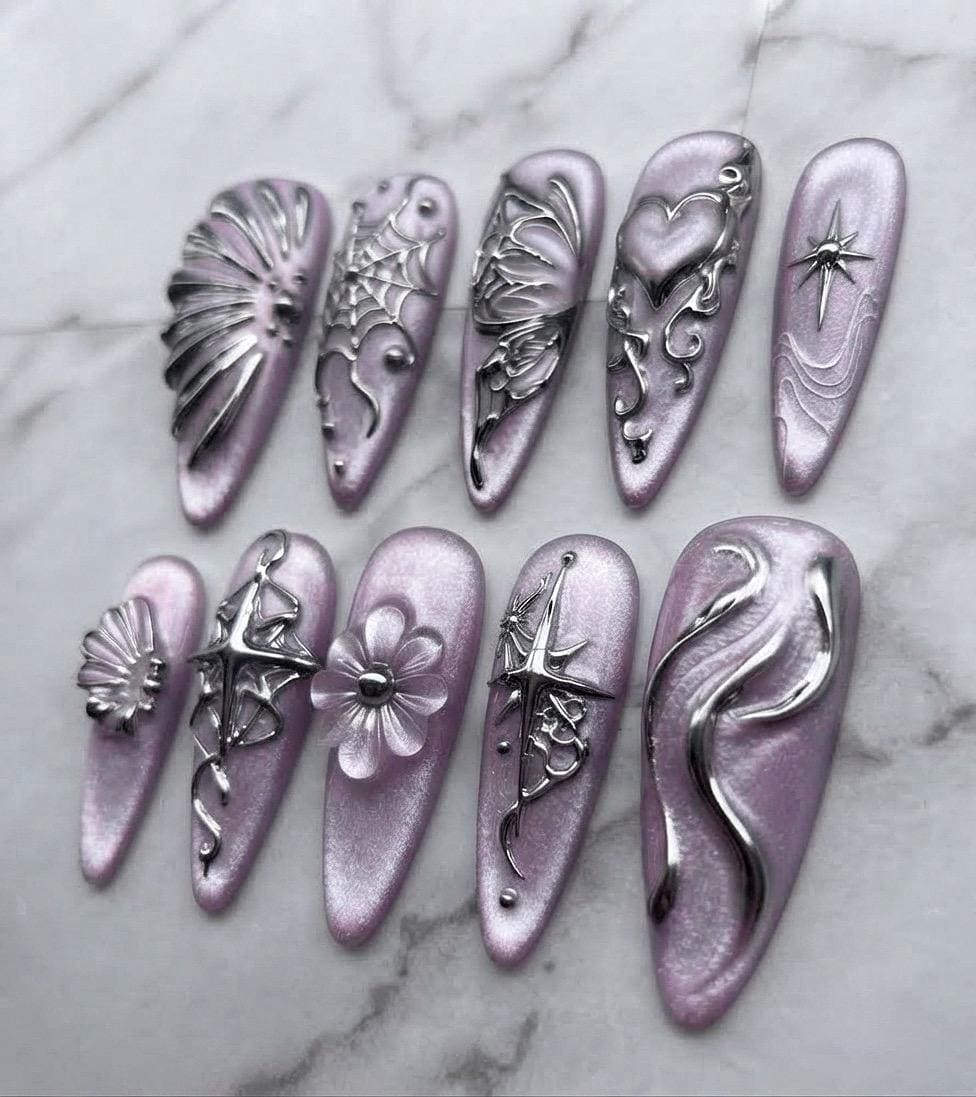 Y2K Gothic Lavender Pearl Chrome Press-On Nails With Sculpted Silver 3D Motifs