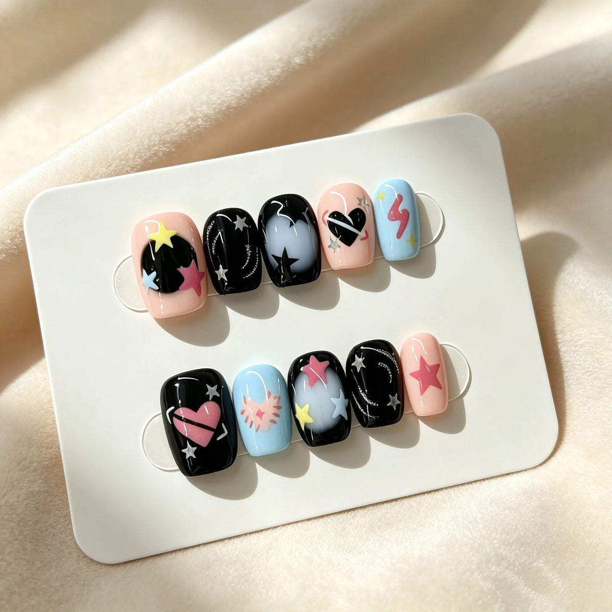 Y2K Graffiti Star, Heart & Lightning Press On Nails in Black, Pink and Blue
