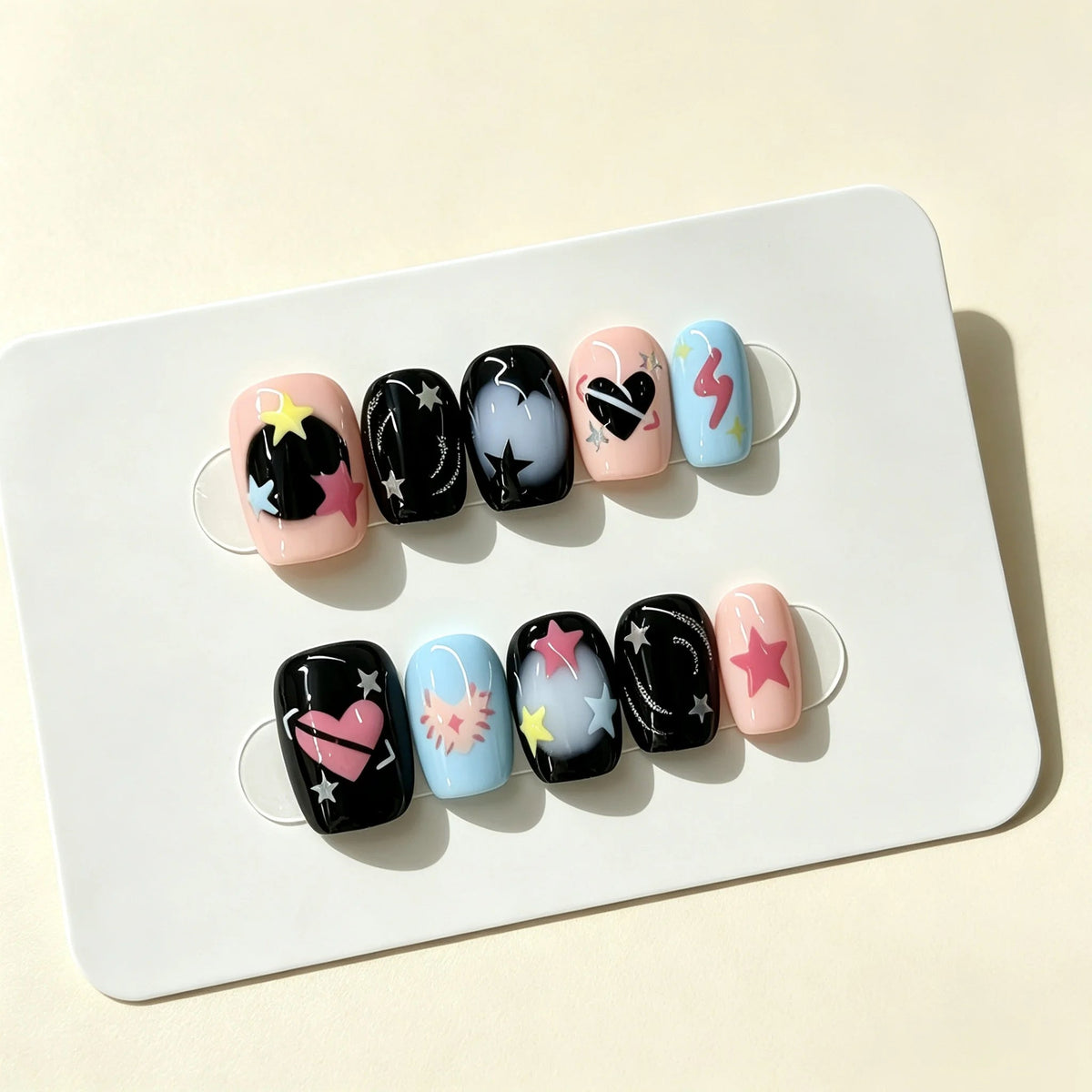 Y2K Graffiti Star, Heart & Lightning Press On Nails in Black, Pink and Blue