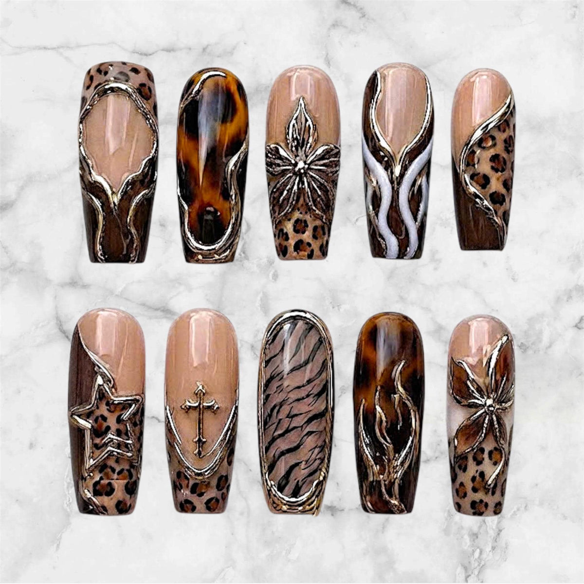 Y2K Grunge Tortoiseshell and Leopard Print Nails with Silver Flower, Star and Abstract Details