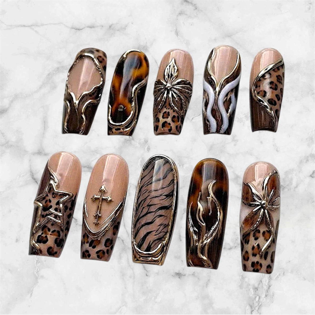 Y2K Grunge Tortoiseshell and Leopard Print Nails with Silver Flower, Star and Abstract Details