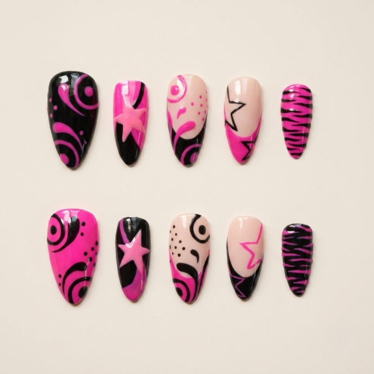 Y2K Hot Pink and Black Mismatched Star and Swirl Press-On Nails