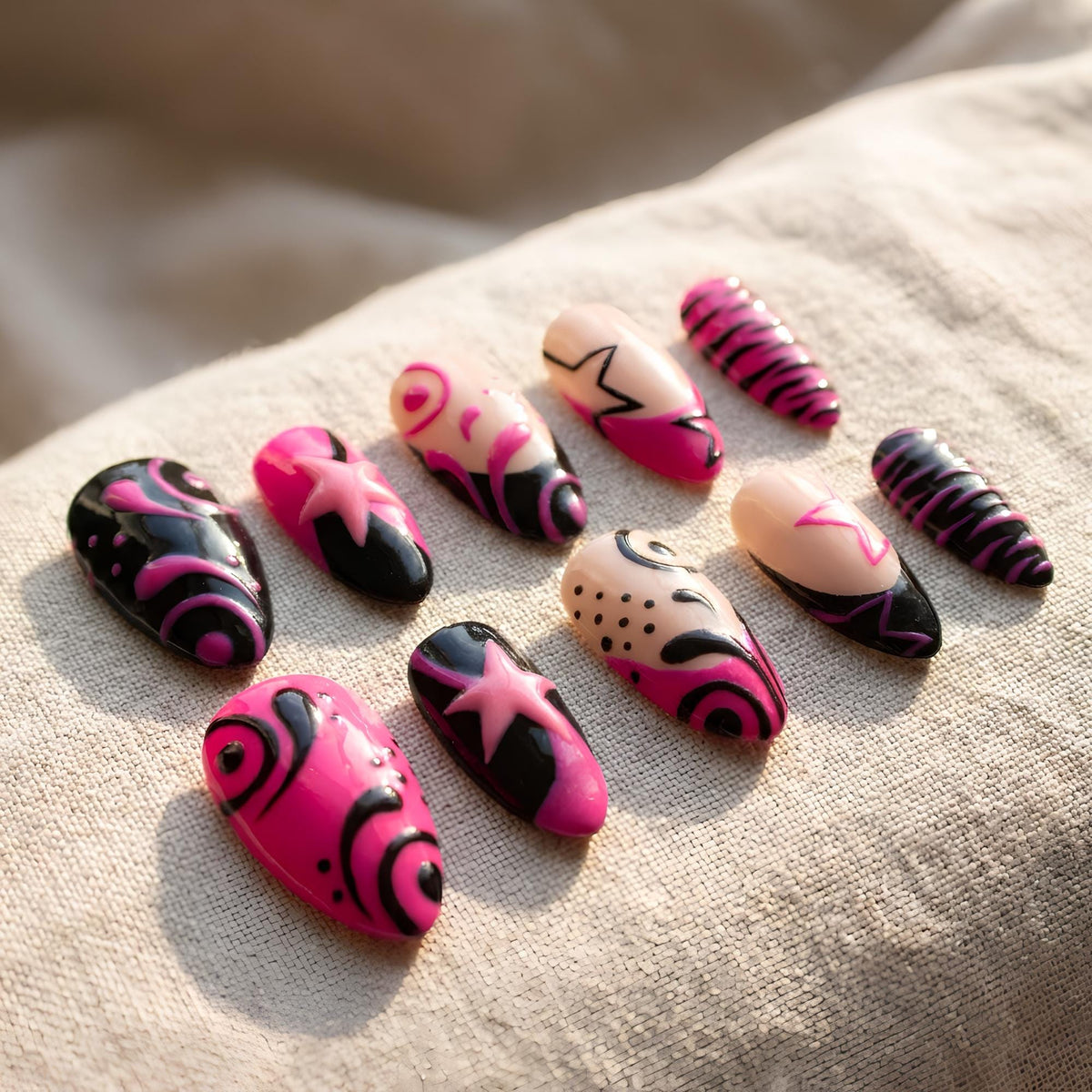 Y2K Hot Pink and Black Mismatched Star and Swirl Press-On Nails